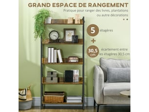 Étagère bibliothèque style industriel incliné 70l x 35l x 150h cm 5 niveaux