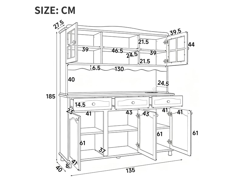  Buffet haut de cuisine 135 x 40 x 185 cm avec prises et ports usb, éclairage led multicolore, rangements réglables, blanc  - Conforama C