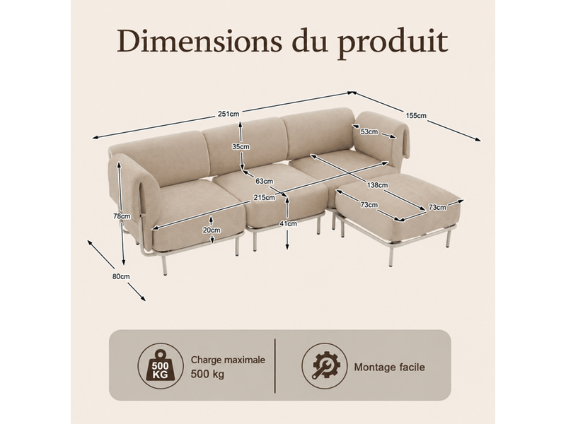  Canapé d’angle modulable 3 places 251x155x78 cm, avec pouf repose-pieds indépendant, style scandinave, en chenille kaki  - Conforama D