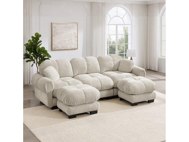  Canapé modulable en u 3 places 260x149x90 cm, 2 coussins, pouf déplaçable, tissu en chenille, kaki clair  - Conforama D