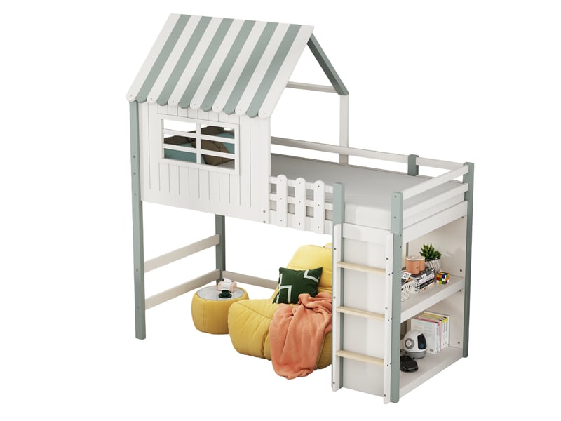  Lit cabane enfant 90x200 cm – lit mezzanine avec échelle et rangement fonctionnel, mdf – sans matelas – vert  - Conforama A