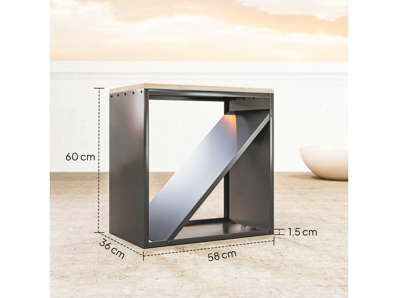  Porte-bûches intérieur 2 en 1, métal noir avec plateau en sapin, 58 x 36 x 60 cm  - Conforama E