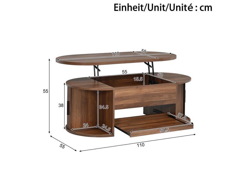 Table basse relevable avec rangement caché, portes coulissantes et tablette pour salon, mdf noyer, 110 × 55 × 55 cm - Conforama E