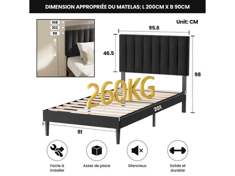  Lit 90 x 200 avec sommier,cadre de lit en métal robuste et durable, lattes en bois,lin noir  - Conforama E