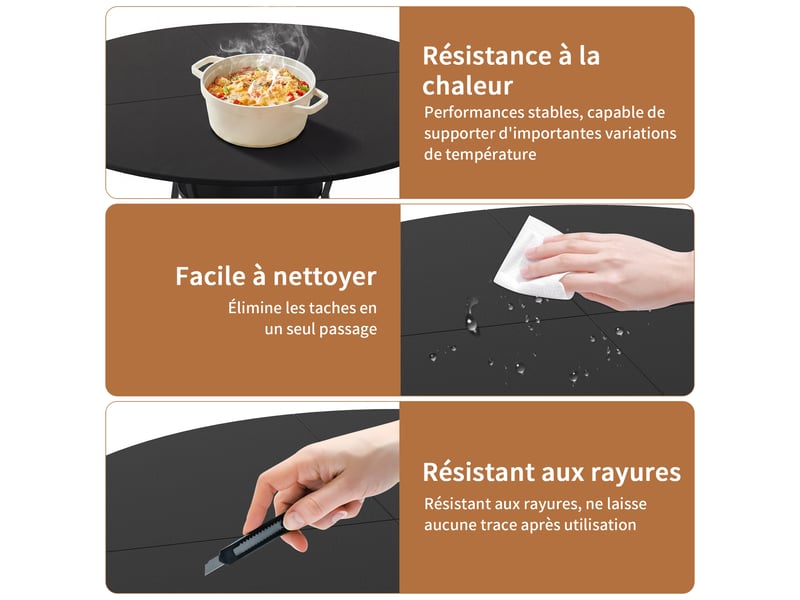Table à manger ronde 6 personnes avec plateau aspect bois et pied en métal 120 cm, noir - Conforama E