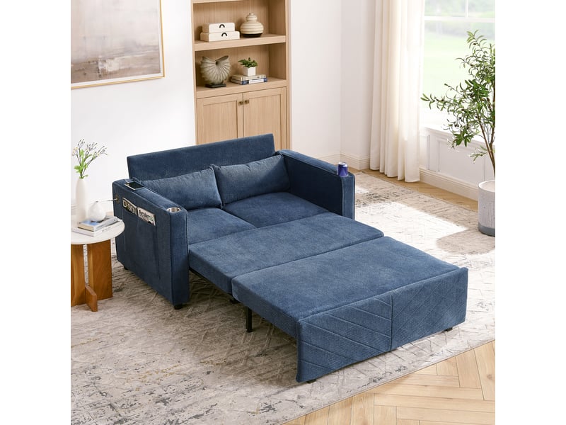  Canapé-lit 3 en 1 coulissant avec ports usb, bois et tissu bleu marine  - Conforama C