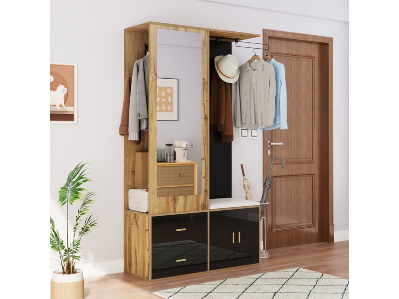  Armoire avec 2 portes,2 tiroirs,miroir,crochets,tringle à vêtements extensible,meuble à chaussures et banc à chaussures,noir+naturel armoire noir - Conforama B