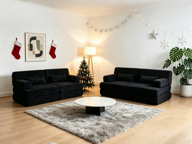 Canapé droit, lot de deux sofas droits, module d'assise en chenille, convertible ajustable pour séjour, chambre, bureau, 4 places, 80 x 90 x 182 cm, noir - Conforama B