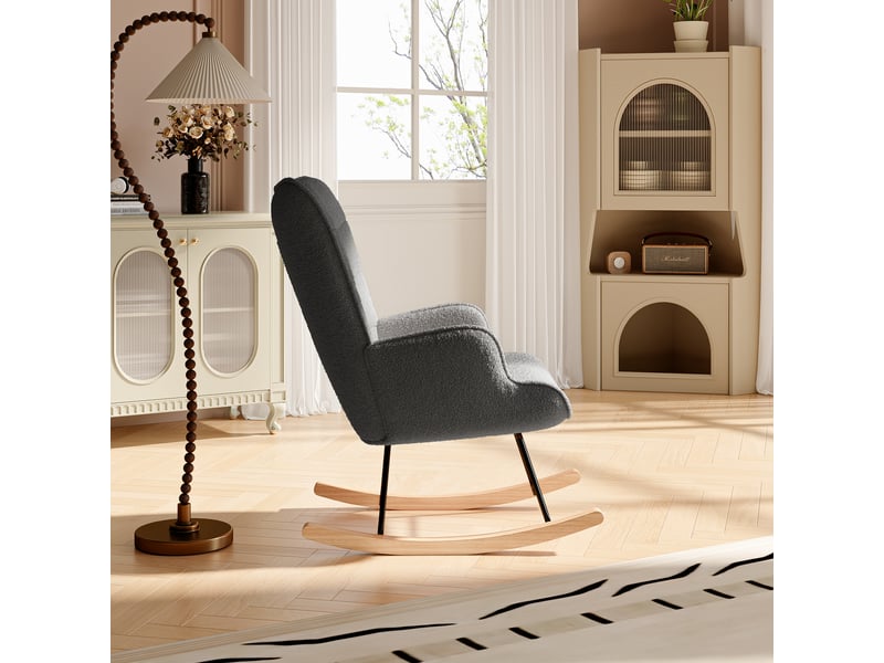  Kefsr fauteuil à bascule teddy gris foncé avec dossier carreauté, rocking chair moderne en polaire douce, structure métal robuste et patins bois, fauteuil relax pour salon chambre lecture, 75x68x92cm  - Conforama W