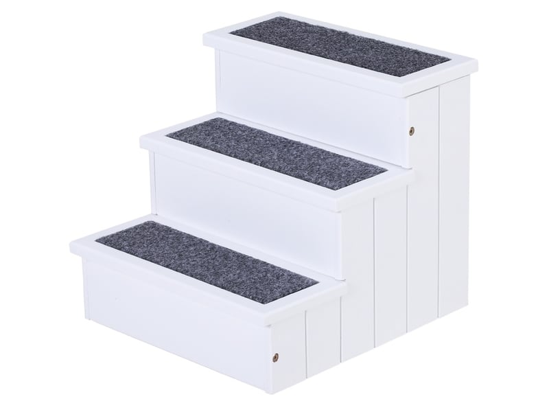 Escalier félins 3 marches 40,5x44,5x38 cm – blanc – rangement intérieur intégré, feutre aiguilleté - Conforama A