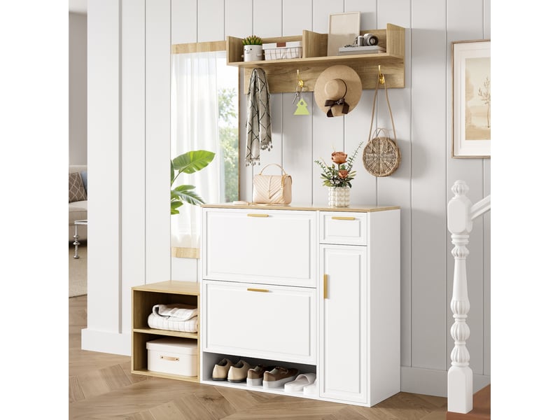  Meubles d'entrée avec meuble à chaussures, banc, panneau mural et miroir, rangement, blanc naturel, 139,5 × 35 × 166 cm  - Conforama B