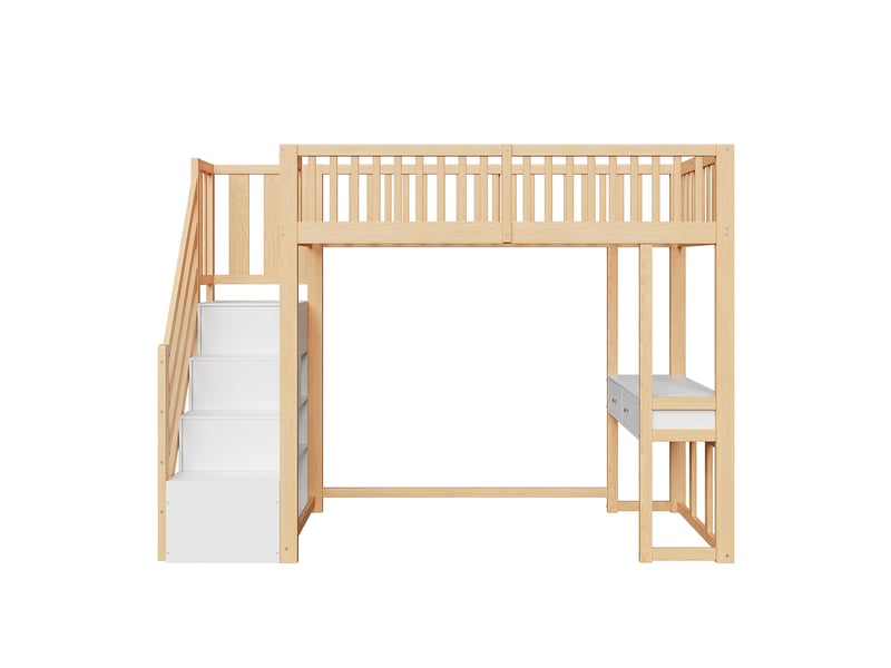  Lit mezzanine 90x200 avec bureau et escalier de rangement sécurisé, lit mezzanine blanc pour enfant en pin massif, 250x96x175cm.  - Conforama A