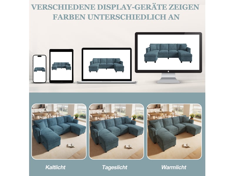  Canapé modulable 6 places bleu en tissu, 2 poufs de rangement et ports usbtype-c pour un salon moderne  - Conforama D