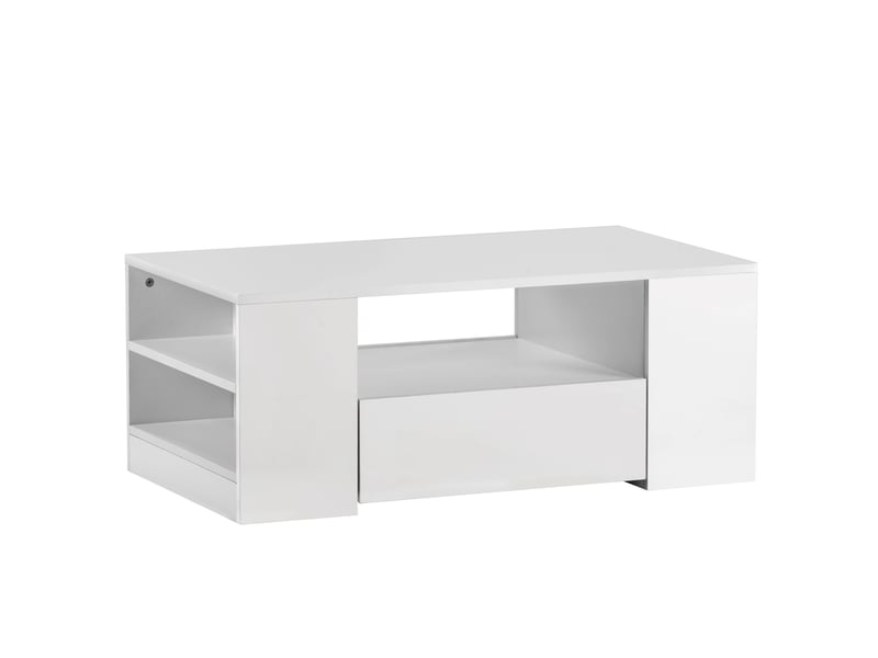 Table basse led avec 2 tiroirs et 2 étagères, table salon 95x53x37 cm en bois, blanc  - Conforama R