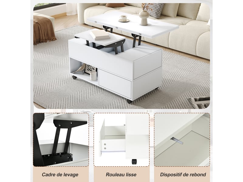  Table basse relevable blanche 100x50x52cm, table basse multifonction 3 en 1 avec 4 tiroirs et roulettes, transformable  - Conforama R