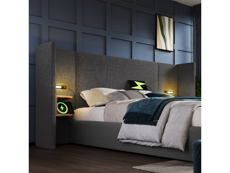  Lit double avec coffre 160x200 cm, tête de lit avec étagère, lampe de lecture, usb, sommier à lattes, tissu lin, gris  - Conforama D