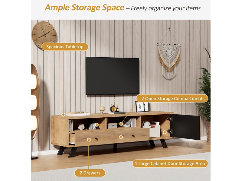 Meuble tv bas 150 cm, 2 tiroirs, 1 porte de rangement, effet bois, meuble de salon, structure aggloméré, bois et noir - Conforama D
