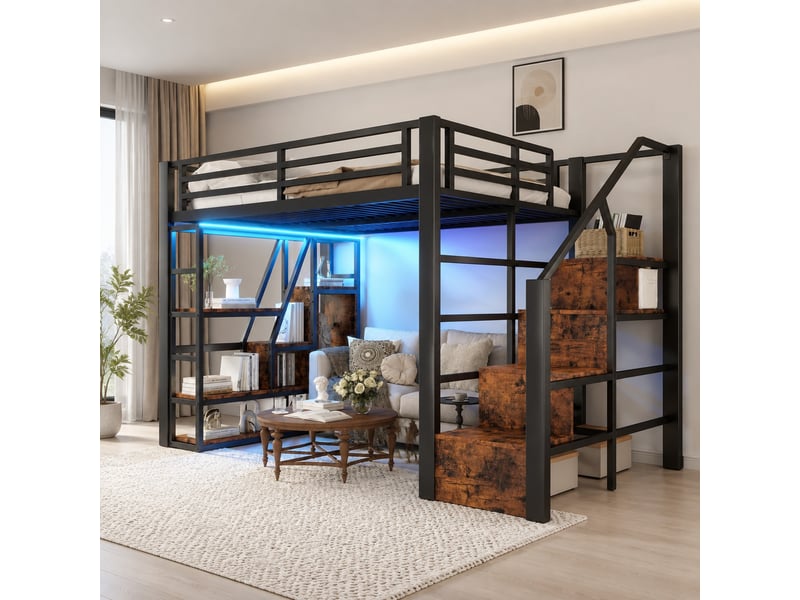 Lit mezzanine enfant 200×140 cm avec rangements, garde-corps et éclairage led, sans matelas, en métal et mdf noir - Conforama B