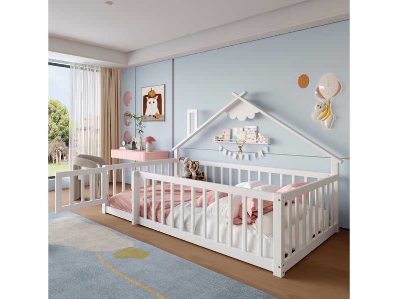 Lit enfant maison 90x190 cm, rêve design, protection, serrure, barrière 32 cm, bois bois + mdf, blanc sans matelas - Conforama D