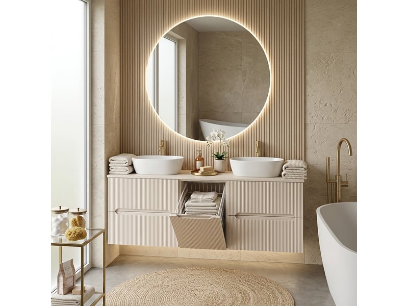  Ensemble salle de bain avec panier à linge et plan novo l.160 cm cachemire mat  - Conforama B