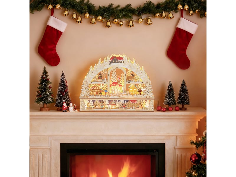  Village de noël lumineux avec 20 led, village de noël animé en arc, fonctionne sur piles, 45 x 10 x 35 cm, bois naturel  - Conforama D