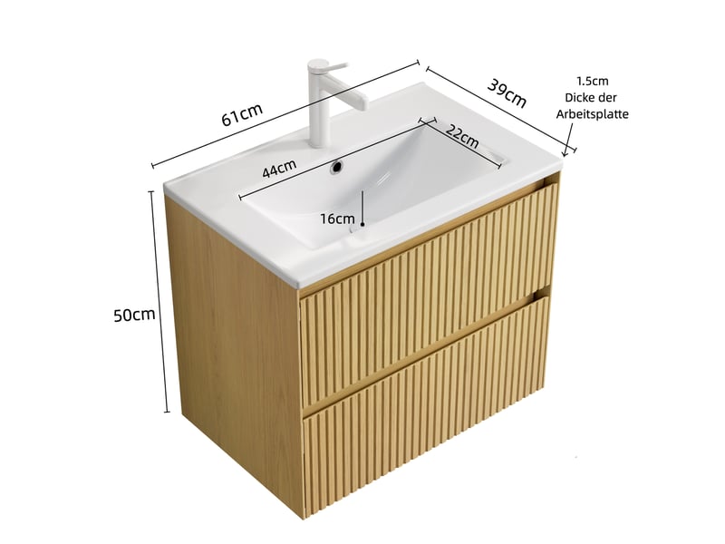 Meuble sous vasque suspendu avec lavabo en céramique, 2 tiroirs à fermeture douce pour salle de bain 61 × 39 cm - Conforama C