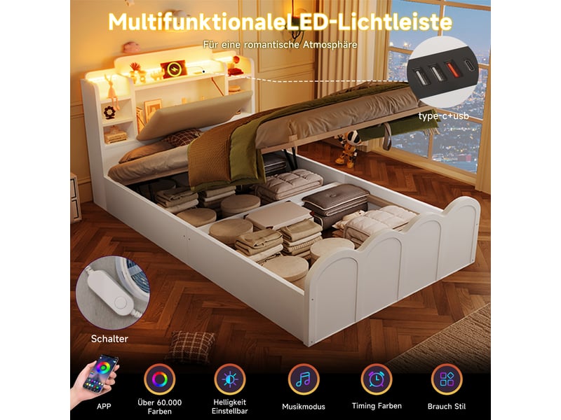  Lit 90x200 cm blanc, rangement hydraulique, led, usb-c, appli et tête de lit coffre  - Conforama B