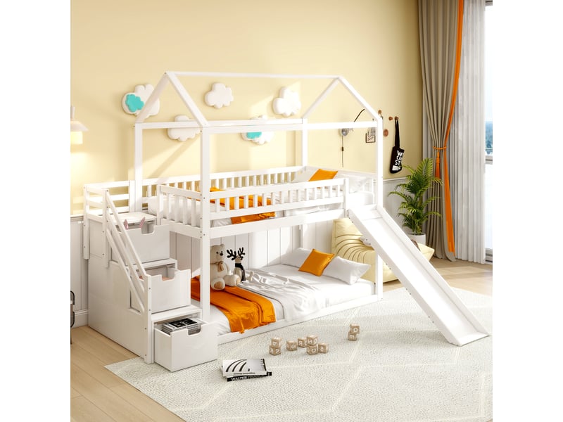 Lit superposé 90x200 cm – lit enfant avec toboggan, espaces de rangement et échelle latérale, sans matelas, mdf, blanc - Conforama D