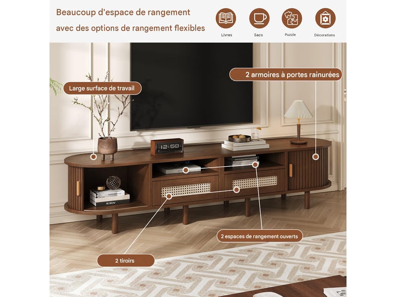  Meuble tv ovale avec tiroirs en rotin et portes mdf coloris noyer 170x40x40 cm - pangivo  - Conforama D