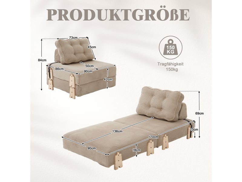  Fauteuil convertible lit escamotable design scandinave cord khaki structure bois 90x86x84 cm  - Conforama C