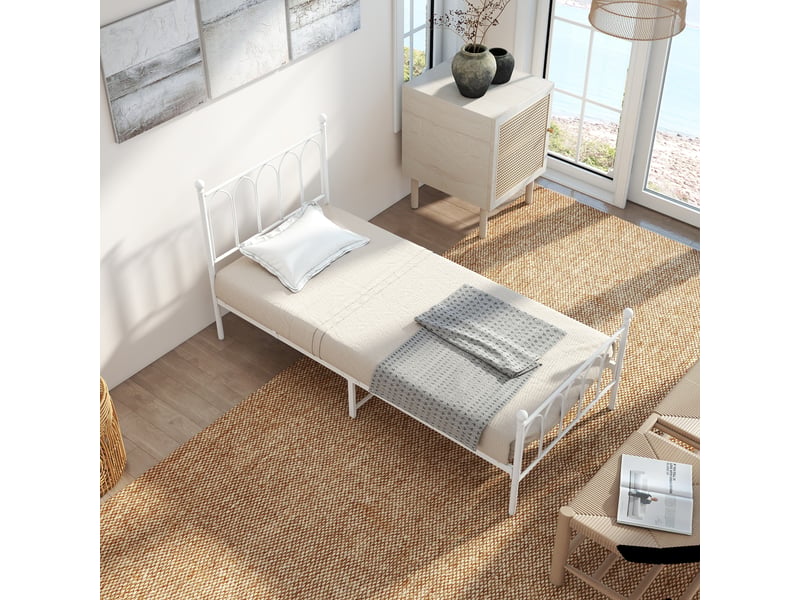  Lit simple 90x200 cm en métal blanc avec sommier à lattes, rangement sous le lit, style industriel  - Conforama D