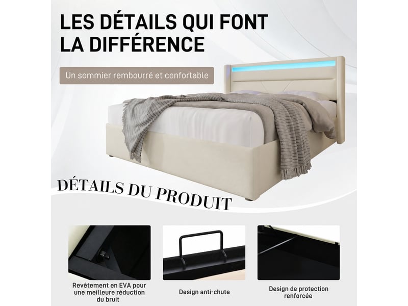  Lit coffre hydraulique 160x200 cm avec tête de lit led, pu blanc  - Conforama E