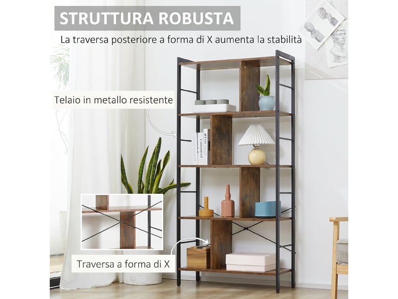  Bibliothèque industrielle à 5 niveaux avec compartiments ouverts, idéale pour le bureau, le salon et la chambre, coloris marron rustique et noir.  - Conforama D