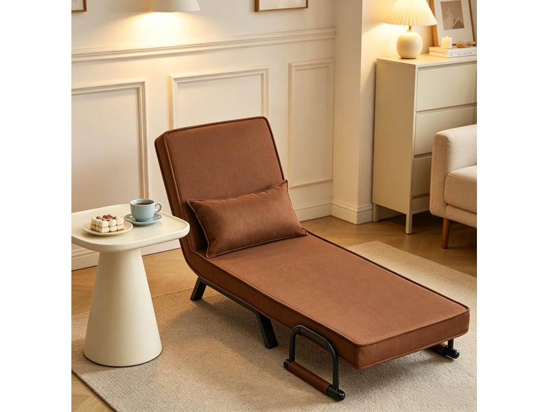 Fauteuil-lit convertible 3 en 1 avec dossier réglable 5 positions et coussin amovible en lin, métal et mousse marron - Conforama D