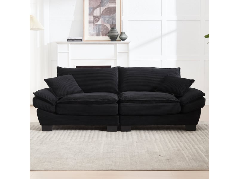  Canapé droit, 2 places, design simple, pieds en plastique, cadre en bois, oreillers latéraux, moderne, velours, noir  - Conforama W