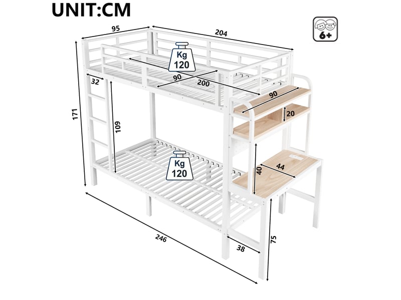  Lit superposé 90x200 cm avec bureau et led en métal blanc  - Conforama E