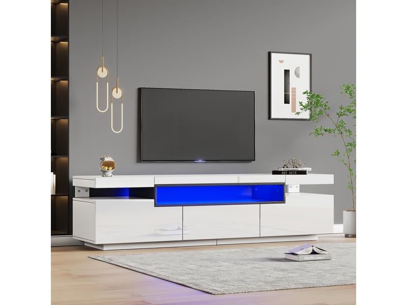  Meuble tv blanc laqué 160 cm avec led 16 couleurs - support pour écran jusqu'à 70 pouces  - Conforama W