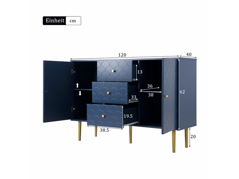 Buffet 120x40x83 cm, 2 portes, 3 tiroirs, motif écailles, étagère réglable, panneau de particules et métal, bleu marine  - Conforama C