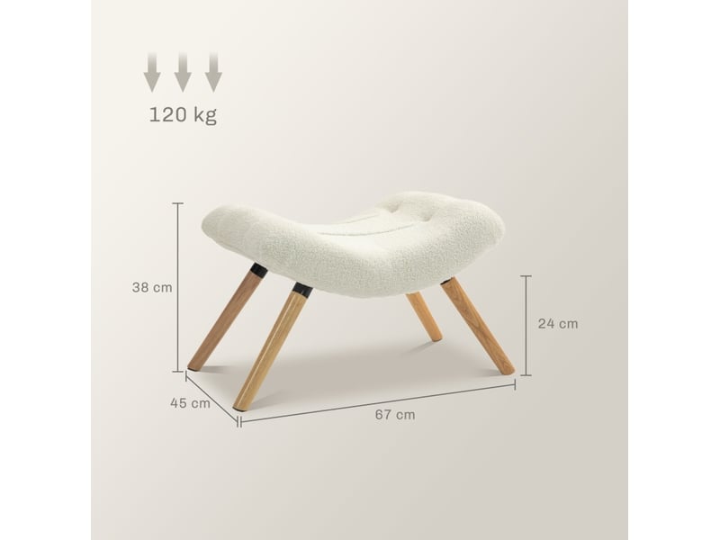  Repose-pied pouf rembourré avec assise incurvée et pieds en bois de hêtre, en tissu bouclette crème 67 × 45 × 38 cm  - Conforama D