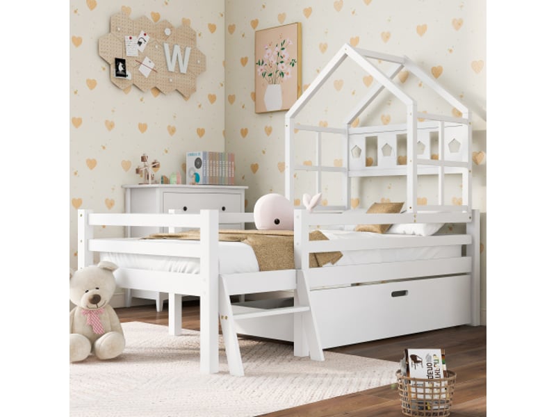 Lit cabane 90x200 cm, lit enfant avec échelle, tiroirs et sommier à lattes, en bois, blanc, sans matelas - Conforama C