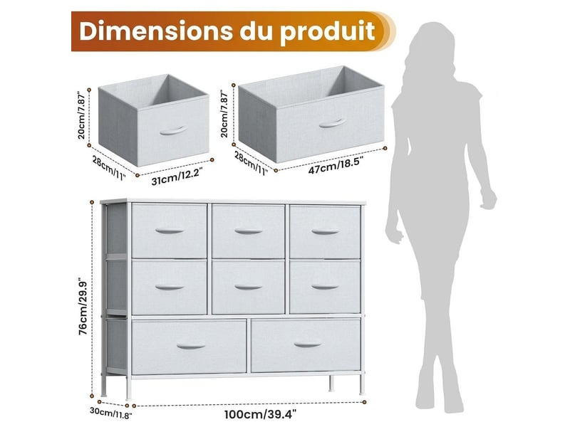  Chiffonnier meuble 100x30x76 cm huit tiroirs tissu blanc et metal blanc chambre  - Conforama E
