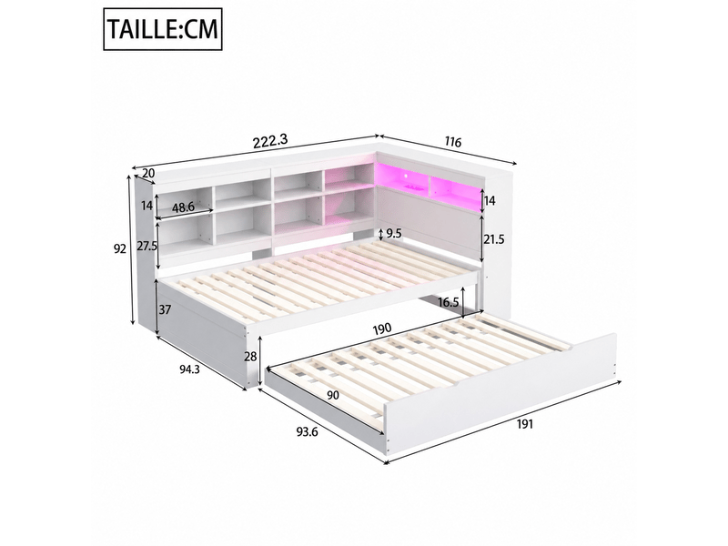 Canapé convertible en lit simple avec lit gigogne, rangements, prise usb et éclairage led, bois blanc, 90 x 200 cm - Conforama D