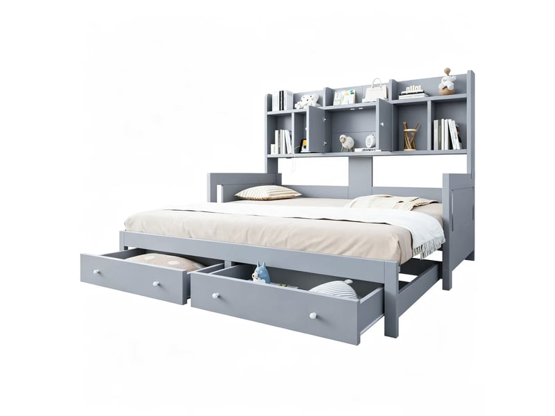  Canapé-lit extensible 90/180x190 cm avec rangements, led et prise, gris, sans matelas  - Conforama A
