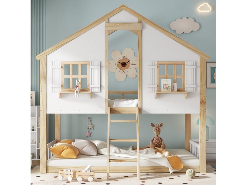 Lit superposé enfant 90 x 200 cm avec toit, fenêtres et échelle, blanc et naturel - Conforama D