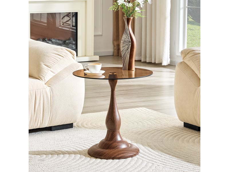  Table d’appoint ronde en verre trempé avec pied antidérapant - lpospi - plateau teinté verre et métal marron  - Conforama C