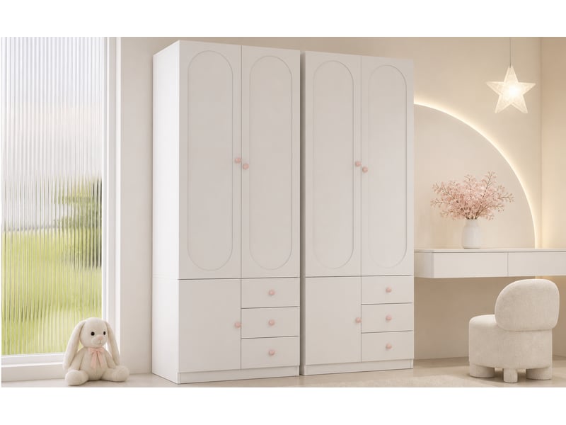 Armoire 2 portes avec 3 tiroirs, penderie et étagères - lpospi - poignées en céramique rose, mdf blanc - Conforama E