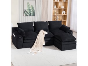 Canapé modulaire 3 places avec pouf angle réversible 263 x 167 x 85 cm velours côtelé noir