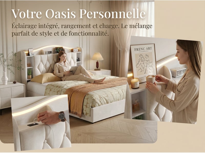  Lit coffre  140x200cm avec led et usb - tête de lit avec rangement -velours  - Conforama E