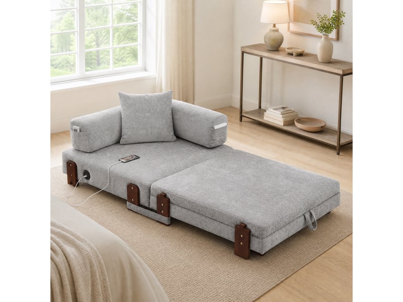  Canapé-lit pliant 1 place gris clair avec usb, port type-c et rangement  - Conforama D