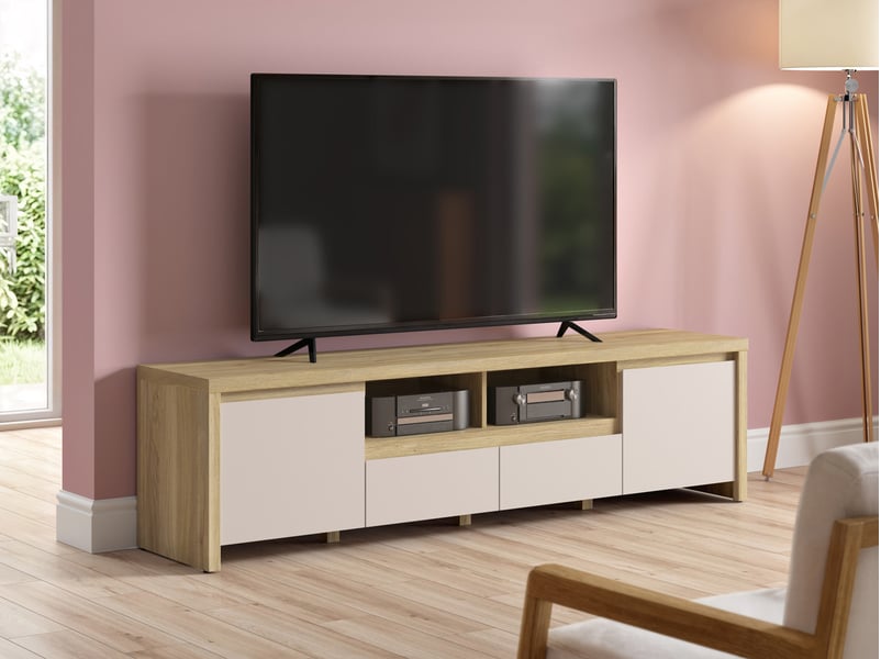  Meuble tv avec 2 portes et 2 tiroirs coloris chêne mauvellacachemire - longueur 182 x profondeur 40 x hauteur 49 cm  - Conforama B